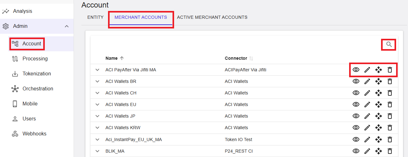 Merchant Accounts list view