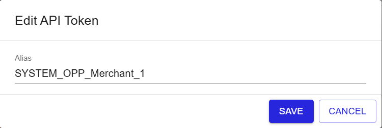 Edit API Token dialog showing Alias field and Save/Cancel buttons
