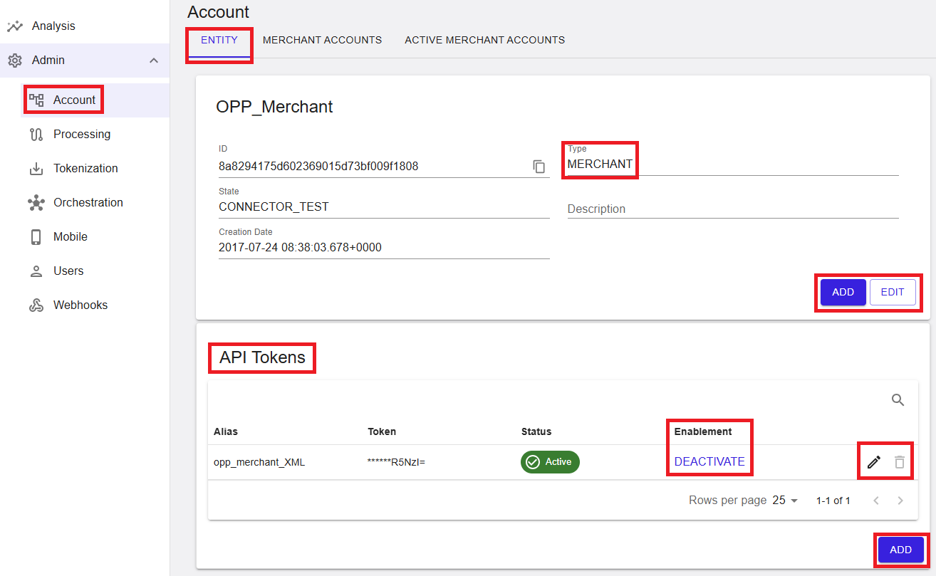 Account – Entity (Merchant) view