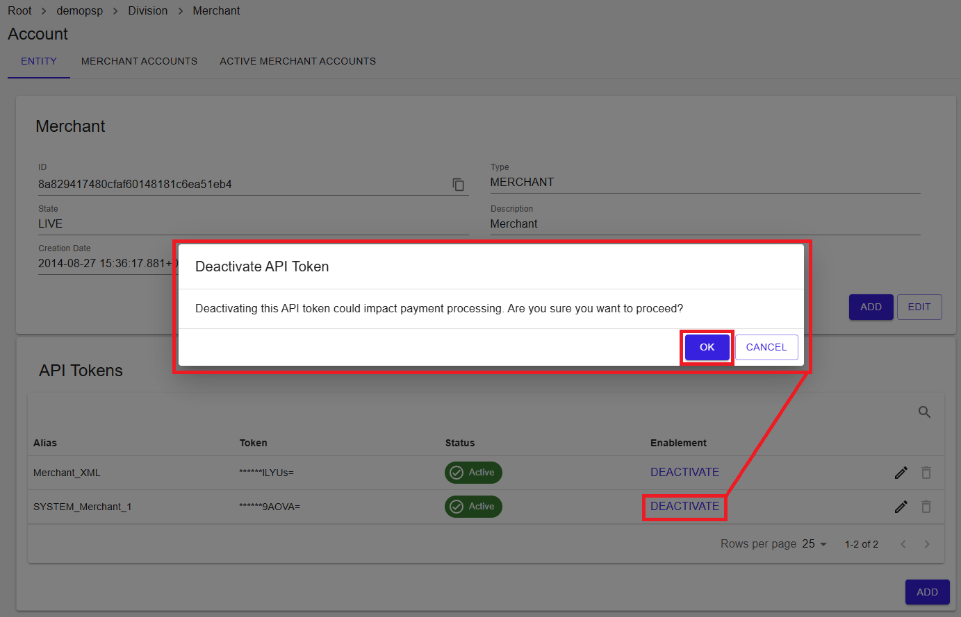 Deactivate API Token confirmation dialog