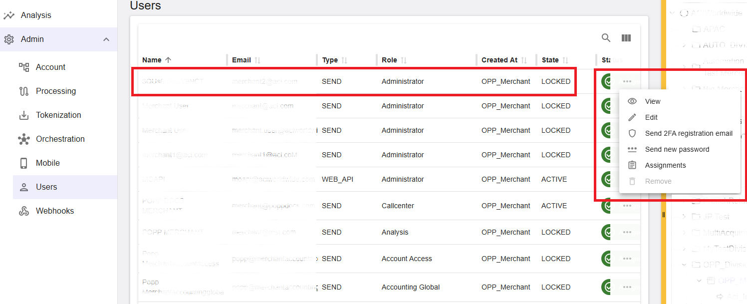 Admin Users list and user actions