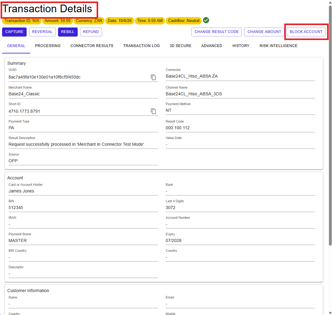 Transaction Details with the Block Account button highlighted