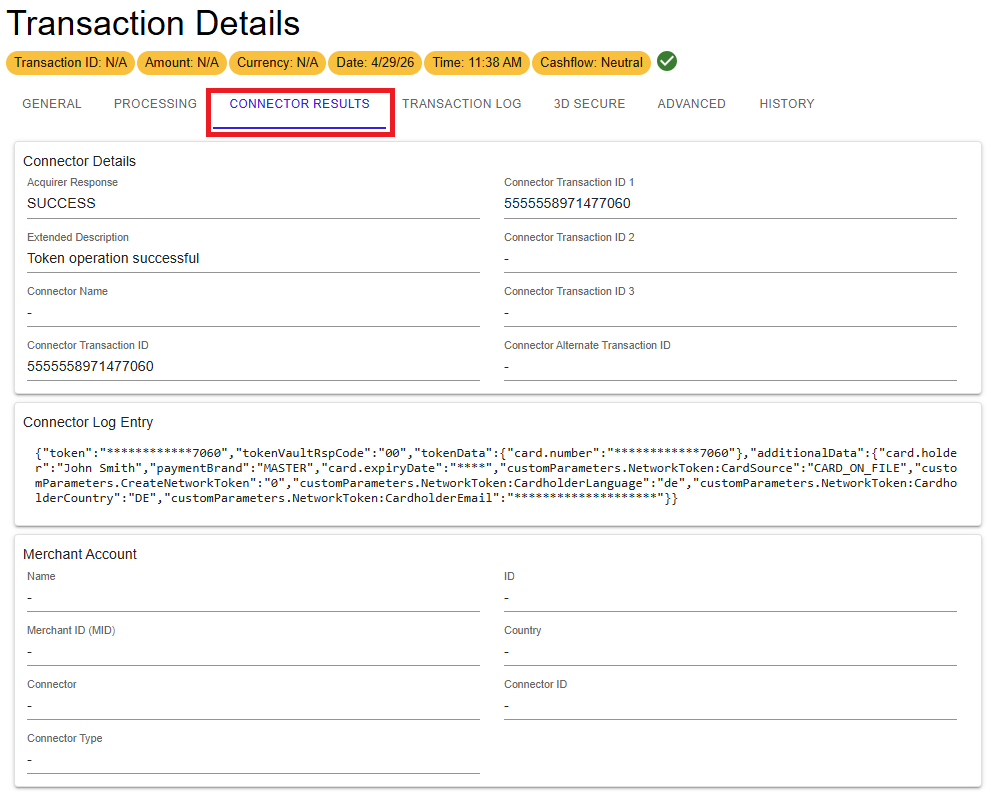 Transaction Connector Results details