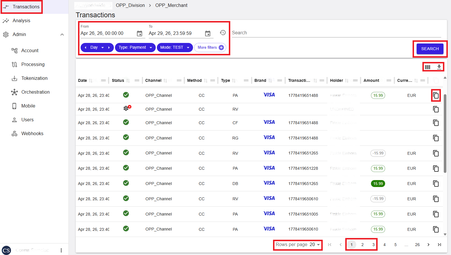 Transactions list view